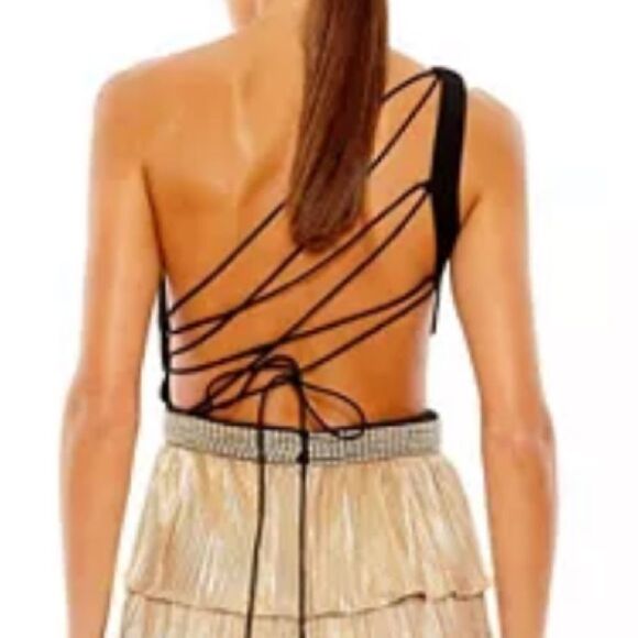 Mac Duggal NWT One-Shoulder Cutout Ruffle Tiered Gown Black/Gold Size 8 - Picture 10 of 13